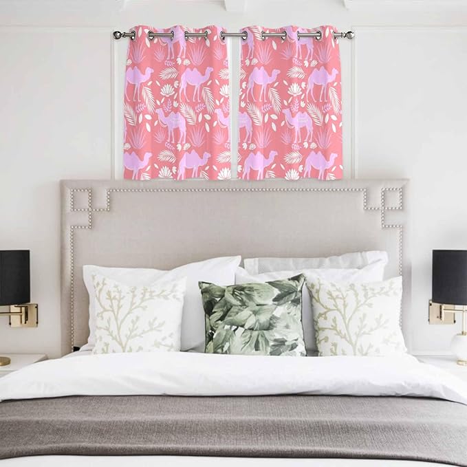 2 Panel Kitchen Cafe Curtains, Desert Camel Sunlight Filtering Nature Air Through, Home Decor Window Covering Tier Curtains for Bedroom Living Room Vintage Sand Camel Leaves Flower Pattern Pink