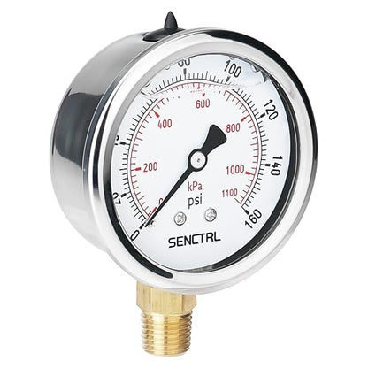 SENCTRL 160 Psi Lead-Free Glycerin Liquid Filled Low Pressure Gauge, 2.5" Dial Size, 1/4" NPT Lower Mount, Stainless Steel Case, for Home Potable Water Pump, Air, Well, RV Hose, Pressure Test