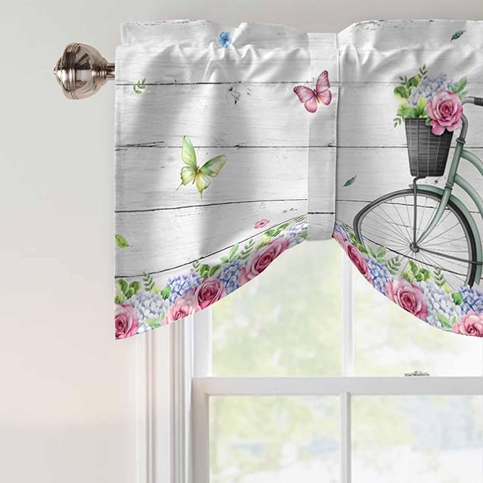 Spring Tie Up Valance Curtains for Windows, Kitchen Curtains Window Shades, Bicycles Botanical Rose Leaves Butterfly Wood Grain Light Filtering Roman Curtain Valances for Bedroom/Bathroom/Cafe 54"x18"