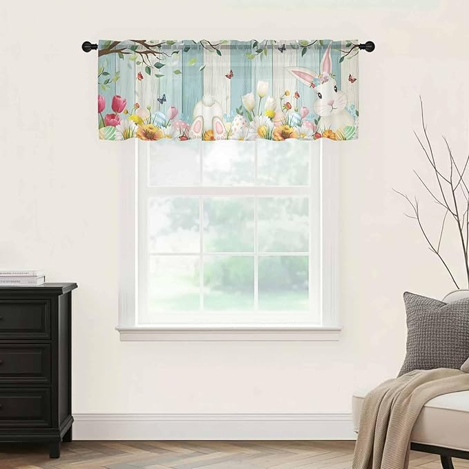 Easter Sheer Valances for Windows 42"x12", Light Filtering Kitchen Curtains Valance, Spring Watercolor Bunny Eggs Tulip Wooden Grain Rod Pocket Chiffon Curtains for Living Room Bedroom Cafe