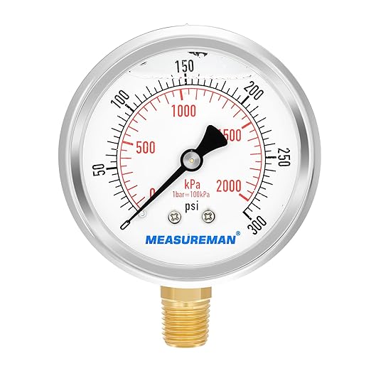 MEASUREMAN 2-1/2inch Dial Size, Glycerin Filled Pressure Gauge, 0-300psi/kpa, 304 Stainless Steel Case, 1/4 inchNPT Lower Mount