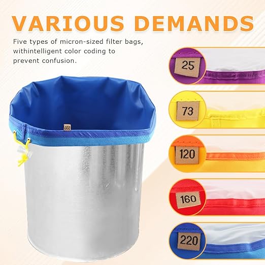 5 Pack 5 Gallon Filter Bags, 25-220 Micron Oxford Cloth All-Mesh Filter Bags with Color Coding System, Adjustable Drawstring Reusable Filter Bags for Fruit Juice Extraction, Soy Products, Home Kitchen