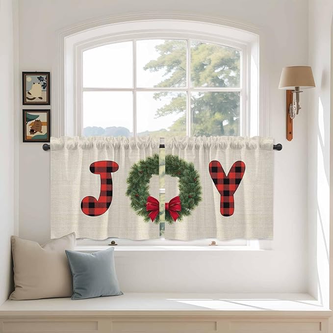 Red Green Christmas Kitchen Tier Curtains 24 Inch Long 2 Panel Set,Rod Pocket Cafe Small Window Curtains Over Sink,Farmhouse Xmas Botanical Winter Short Drapes for Bathroom Cabinet 27.5"W x 24"L