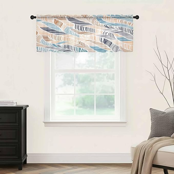 Abstract Stripes Sheer Valance Curtains, Brown Blue Gradient Wavy Lines Leaf Texture Light Filtering Kitchen Valances Rod Pocket Voile Curtain Window Treatment for Bedroom/Living Room/Basement 54Wx18L