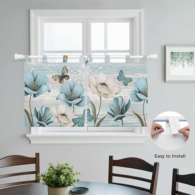 Spring Floral Kitchen Curtains 24 Inch Length, Small Window Curtains Tab Top, Vintage Tulips Flower Butterfly Retro Wood Blue Light Filtering Short Window Treatments Tier Drapes 27.5"x24" 2 Panel