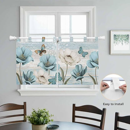 Spring Floral Kitchen Curtains 24 Inch Length, Small Window Curtains Tab Top, Vintage Tulips Flower Butterfly Retro Wood Blue Light Filtering Short Window Treatments Tier Drapes 27.5"x24" 2 Panel