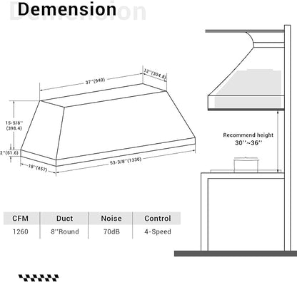 CHETTO C Stainless Steel Range Hood Cover with 4-Speed Vent Hood Insert Custom Handcrafted Metal Kitchen Fan with Towel Rack LED Light 54"W x21"D x27"H White Wall Mount