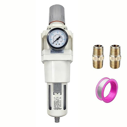 XingNEeng 1" NPT Compressed Air Filter Regulator Combo Piggyback, Water/Oil Trap Separator with Pressure Gauge(0-150 psi), Semi-Auto Drain, Poly Bowl, 5 Micron Brass Element, Metal Bracket