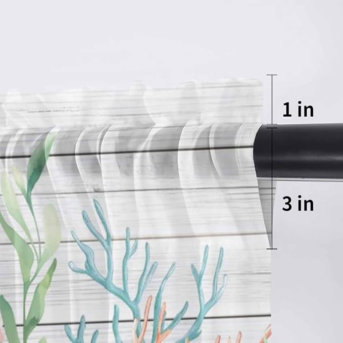 Summer Beach Sheer Valance Curtains, Ocean Colorful Coral Shell Seaweed Starfish Wood Grain Light Filtering Kitchen Valances Rod Pocket Voile Curtain Treatment for Bedroom/Living Room/Basement 42Wx12L