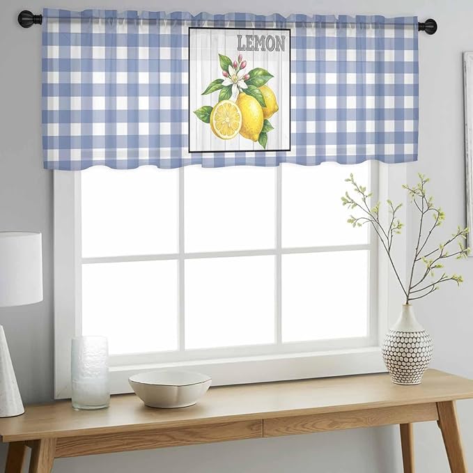 Lemon Sheer Valance Curtains, Summer Fruit Floral Wood Grain Blue Plaid Light Filtering Kitchen Valances Rod Pocket Voile Curtain Window Treatment for Bedroom/Living Room/Basement 42Wx12L