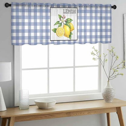 Lemon Sheer Valance Curtains, Summer Fruit Floral Wood Grain Blue Plaid Light Filtering Kitchen Valances Rod Pocket Voile Curtain Window Treatment for Bedroom/Living Room/Basement 54Wx18L