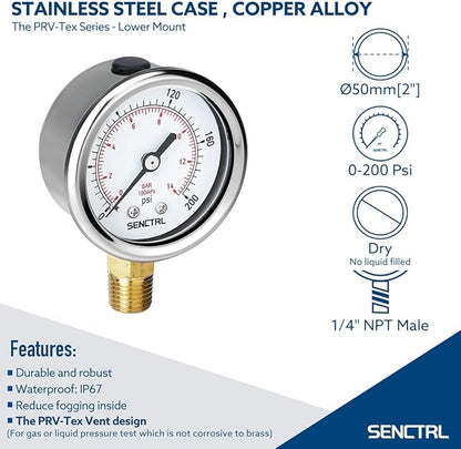 SENCTRL 200 Psi Pressure Gauge, 2" Dial Size, 1/4 NPT Lower Mount, Waterproof, Stainless Steel Case, for Water Filter Pneumatic Regulator Air Compressor Tire Pressure Test