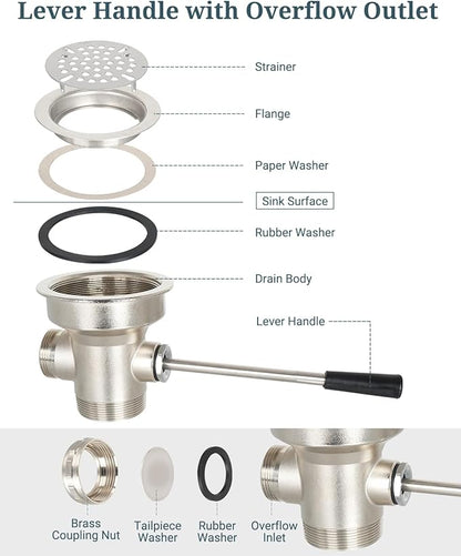 3-1/2 Inch Commercial Sink Drain with Twist Handle Kitchen Sink Opening Waste Drain Valve Stopper Prevents Sink Clogged Overflow for 1/2/3 Compartment Sink Style Drains