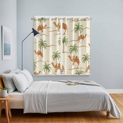 2 Panel Kitchen Cafe Curtains, Date Coconut Tree Sunlight Filtering Nature Air Through, Home Decor Window Covering Tier Curtains for Living Room 104W x 84L inch Desert Camels Botanical Tropical Beige
