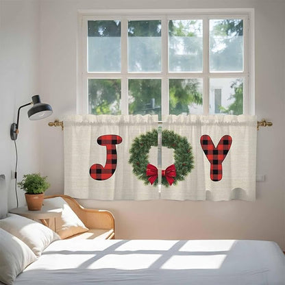 Red Green Christmas Kitchen Tier Curtains 36 Inch Long 2 Panel Set,Rod Pocket Half Window Curtains Over Sink,Farmhouse Xmas Botanical Winter Short Drapes for Bathroom Cafe 27.5"W x 36"L