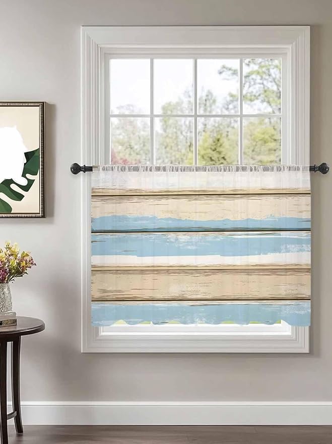 Sheer Curtains 45 Inch Length, Vintage Geometric Blue Semi Sheer Curtains Light Filtering Window Treatment, Abstract Country Shabby Wood Grain Privacy Voile Drapes for Living Room Bedroom 52x45 Inch