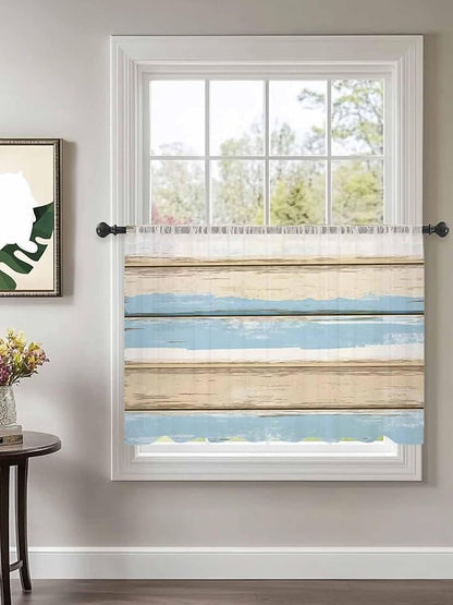 Sheer Curtains 45 Inch Length, Vintage Geometric Blue Semi Sheer Curtains Light Filtering Window Treatment, Abstract Country Shabby Wood Grain Privacy Voile Drapes for Living Room Bedroom 52x45 Inch
