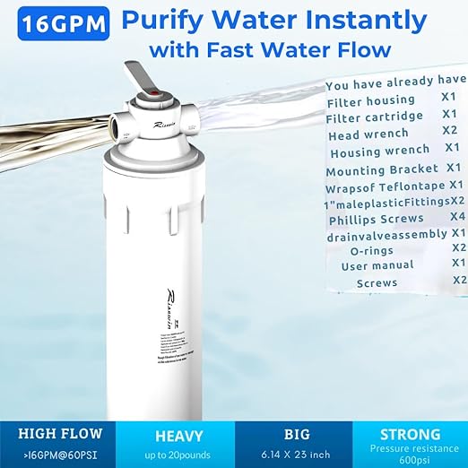 Whole House Water Filter System: 16GPM high Flow, fits Well Water/RVs/Cabins, -11°F Cold-Resistant. 3-Stage deep Filtration, 200K Water Hammer Resistance, Easy DIY Install