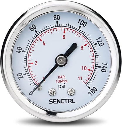 SENCTRL 0-160 Psi Pressure Gauge, 2" Dial, 1/4 NPT Back Mount, Waterproof, Stainless Steel Case, for Pneumatic Regulator Air Compressor RV Regulator Water Tire Pressure Test