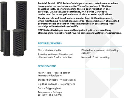 Pentair Pentek NCP-20BB Big Blue Carbon Water Filter, 20-Inch, Whole House Non-Cellulose Carbon Impregnated Pleated Filter Cartridge, 20" x 4.5", 10 Micron