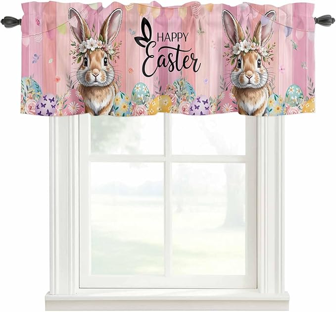 Easter Curtain Valances for Windows, Kitchen Valance Window Treatment, Spring Rabbit Eggs Flowers Flags Leaves Wood Grain Light Filtering Block Curtains for Bathroom/Bedroom/Living Room 60'' x 18''