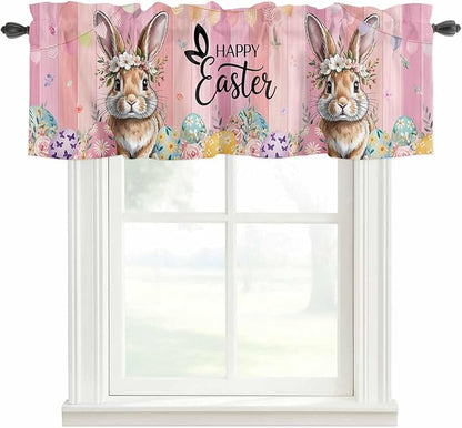 Easter Curtain Valances for Windows, Kitchen Valance Window Treatment, Spring Rabbit Eggs Flowers Flags Leaves Wood Grain Light Filtering Block Curtains for Bathroom/Bedroom/Living Room 60'' x 18''