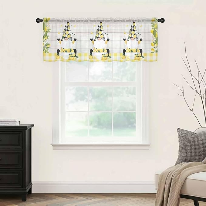 Lemon Dwarfs Sheer Valance Curtains, Gnome Green Leaf Wood Striped Black Plaid Light Filtering Kitchen Valances Rod Pocket Voile Curtain Window Treatment for Bedroom/Living Room/Basement 54Wx18L