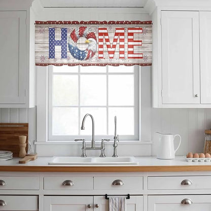 4th of July Sheer Valances for Windows 60"x18", Light Filtering Kitchen Curtains Valance, Stars Striped Farmhouse American Flag Wood Grain Rod Pocket Chiffon Curtains for Living Room Bedroom Cafe