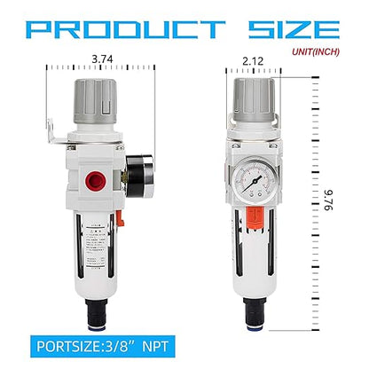 NANPU 3/8" NPT Compressed Air Filter Regulator Combo Piggyback, Auto Drain, 5 Micron Brass Element, Poly Bowl, Metal Bracket, 0-150 psi Gauge