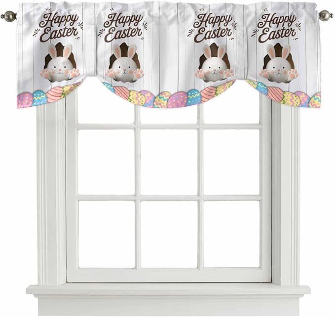Grey Easter Tie Up Valance Curtains for Windows, Kitchen Curtains Window Shades, Spring Cartoon Bunny Colorful Eggs Wood Grain Light Filtering Roman Curtain Valances for Bedroom/Bathroom/Cafe 42"x18"