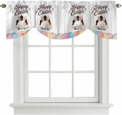 Grey Easter Tie Up Valance Curtains for Windows, Kitchen Curtains Window Shades, Spring Cartoon Bunny Colorful Eggs Wood Grain Light Filtering Roman Curtain Valances for Bedroom/Bathroom/Cafe 42"x18"