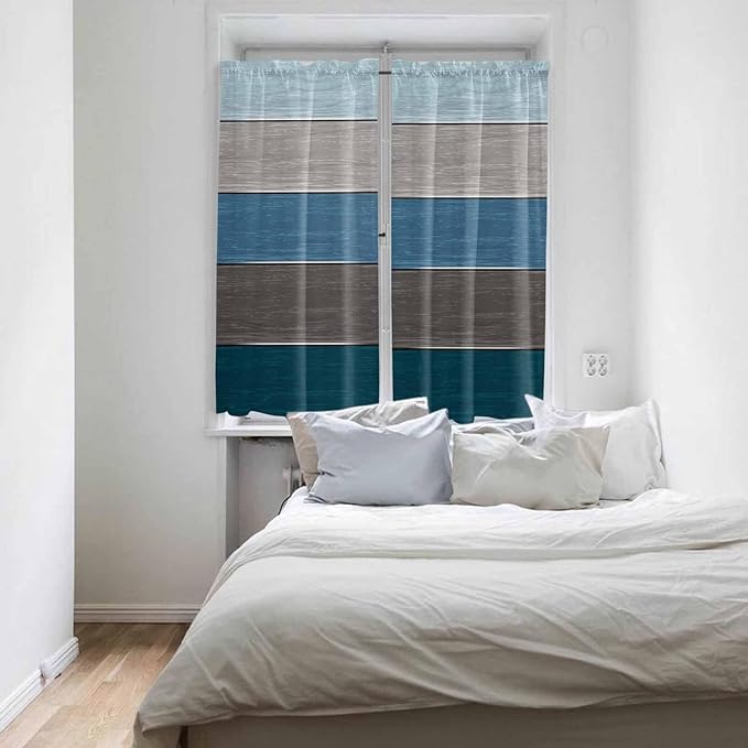 Retro Farm Blue Gray Wood Grain Window Valance Curtains, Rustic Wooden Plank Light Filtering Kitchen Valance with 3-inch Rod Pocket for Living Room Bathroom Bedroom,2 Panel,42x63In