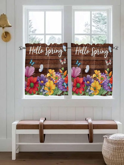 Spring Flowers Half Window Curtain 36 Inches Long, Watercolor Farmhouse Colorful Wooden Grain Window Treatment Curtain Drapes, Small Tier Curtains for Bathroom Over Sink, 27.5"x36", 2 Panels