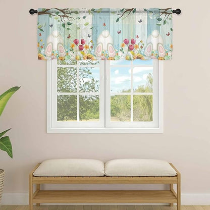 Easter Sheer Valances for Windows 42"x18", Light Filtering Kitchen Curtains Valance, Spring Watercolor Eggs Country Tulip Wooden Grain Rod Pocket Chiffon Curtains for Living Room Bedroom Cafe