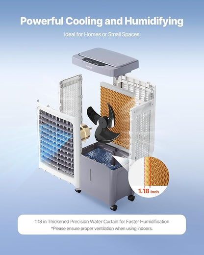 VEVOR Evaporative Air Cooler & Swamp Cooler, 1800 CFM Air Conditioner with 6.8 Gallon Water Reservoir, Remote Control, 12H Timer, 4 Ice Containers, 3 Fan Speeds, Air Humidifier, and Silent Operation