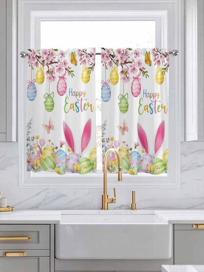 Happy Easter Kitchen Curtains 45 Inches length, Spring Watercolor Bunny Eggs Flower Branch Window Treatment Curtain Drapes, Lightweight Window Panels for Living Room Bedroom, 52"x45", 2 Panels