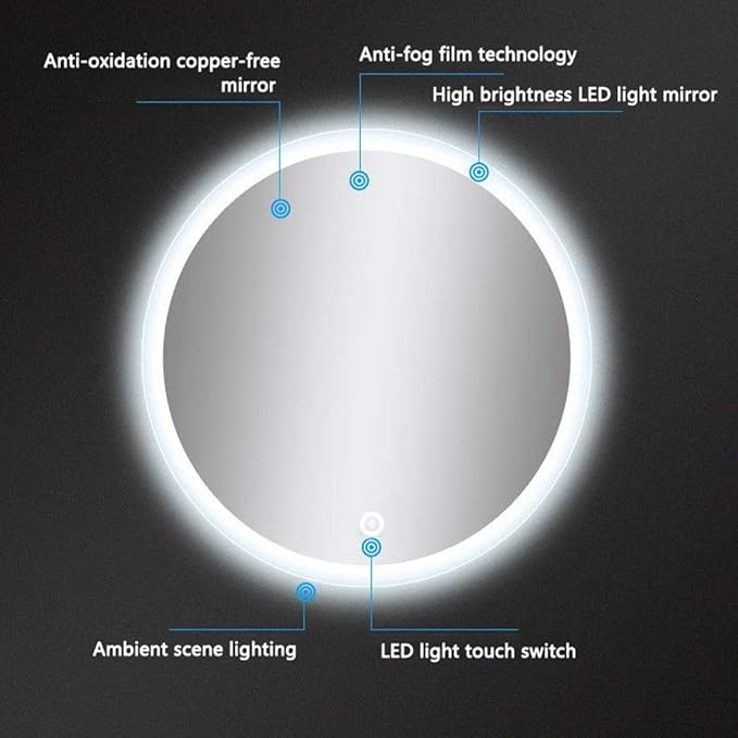 Bathroom Mirror with LED Light and Demister Pad Touch Sensor Wall Mounted Round Makeup Shaving Mirror (Color : Warm Light Size : 60cm) (Warm Light 70cm)