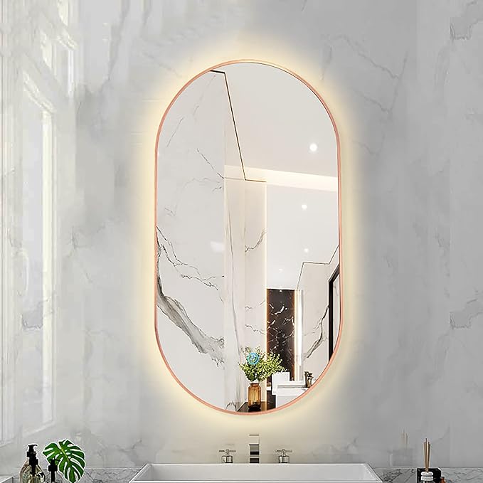 Oval LED Illuminated Bathroom Mirror, Wall-mounted Vanity Makeup Mirror with Demister Pad, 3 Dimmable Color Temperatures & Touch Control, Metal Frame Anti-Fog Lighted Wall Mirror ( Color : Rose Gold F