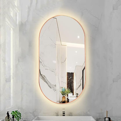Oval LED Illuminated Bathroom Mirror, Wall-mounted Vanity Makeup Mirror with Demister Pad, 3 Dimmable Color Temperatures & Touch Control, Metal Frame Anti-Fog Lighted Wall Mirror ( Color : Rose Gold F