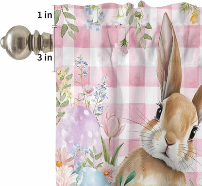 Kitchen Curtains Tiers and Valance Set of 3, Easter Light Filtering Window Curtain Set, Spring Rabbit Eggs Nature Botanicals Pink Plaid Rod Pocket Curtain Drapes for Cafe, Living Room, 24 Inches Tiers