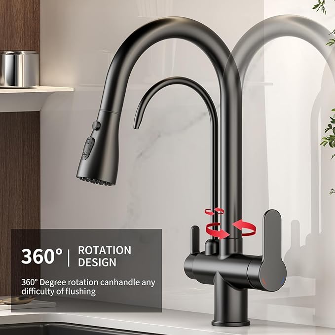 Kitchen Sink Faucet with Pull - Down Sprayer, 2 - Handle 3 - in - 1 Kitchen Sink Filter Faucet, Cold and Hot Mixer Drinking Water Faucet (3-in-1 Filter Faucet, Black)