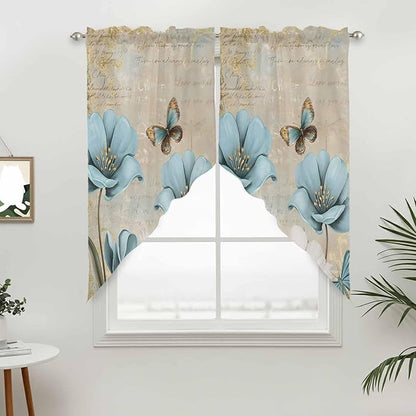 Spring Flowers Swag Valances for Windows, Vintage Rustic Tulips Floral Butterfly Khaki Rod Pocket Kitchen Curtains Valance, Kitchen Window Curtains Swag for Cafe Living Room, 2 Panels, 36x45 inch