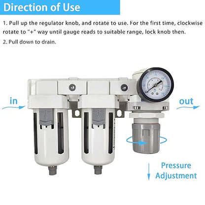 XingNEeng 1/2" NPT Compressed Air Filter Regulator Lubricator (FRL) Combo, Water/Oil Trap Separator, Air Pressure Regulator with Pressure Gauge(0-150 psi), Semi-Auto Drain, Poly Bowl, Metal Bracket