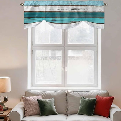 Turquoise Teal Tie Up Valance Curtains for Windows, Kitchen Curtains Window Shades, Farmhouse Retro Ombre Wooden Grain Light Filtering Roman Curtain Valances for Bedroom/Bathroom/Cafe 42"x18"