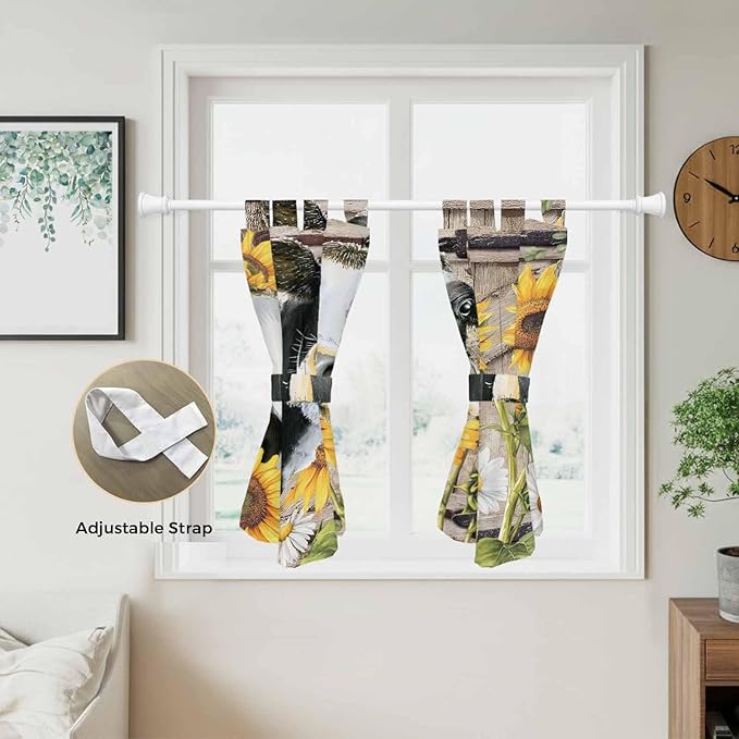 Retro Farmhouse Flower Bedroom Curtains 63 Inch Length, Window Curtains Tab Top, Yellow Sunflowers Cow Barn Doors Brown Light Filtering Window Treatments Drapes 42"x63" 2 Panel