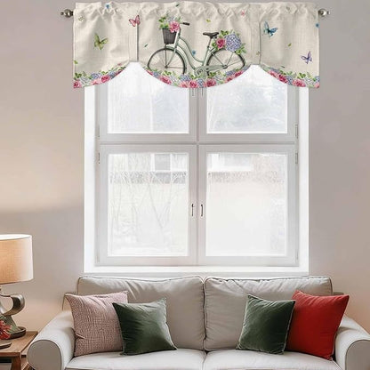 Farmhouse Spring Tie Up Valance Curtains for Windows, Kitchen Curtains Window Shades, Retro Bicycles Flowers Vines Butterfly Light Filtering Roman Curtain Valances for Bedroom/Bathroom/Cafe 42"x18"