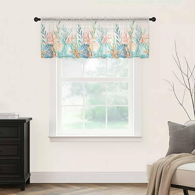 Summer Beach Sheer Valance Curtains, Ocean Colorful Coral Shell Seaweed Starfish Linen Light Filtering Kitchen Valances Rod Pocket Voile Curtain Treatment for Bedroom/Living Room/Basement 54Wx18L