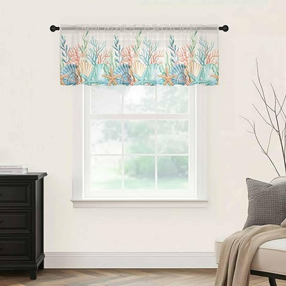 Summer Beach Sheer Valance Curtains, Ocean Colorful Coral Shell Seaweed Starfish Linen Light Filtering Kitchen Valances Rod Pocket Voile Curtain Treatment for Bedroom/Living Room/Basement 54Wx18L