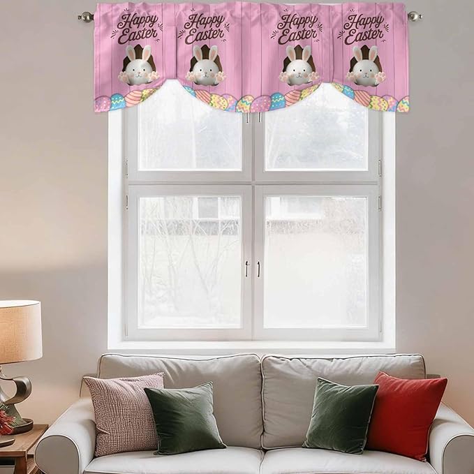 Pink Easter Tie Up Valance Curtains for Windows,Kitchen Curtains Window Shades,Easter Bunny Eggs Spring Cartoon Farmhouse Wood Grain Light Filtering Curtain Valances for Bedroom/Bathroom/Cafe 42"x18"
