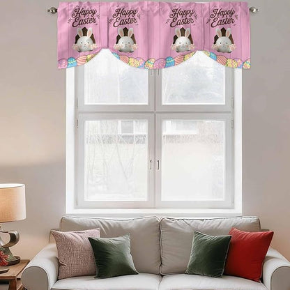 Pink Easter Tie Up Valance Curtains for Windows,Kitchen Curtains Window Shades,Easter Bunny Eggs Spring Cartoon Farmhouse Wood Grain Light Filtering Curtain Valances for Bedroom/Bathroom/Cafe 42"x18"